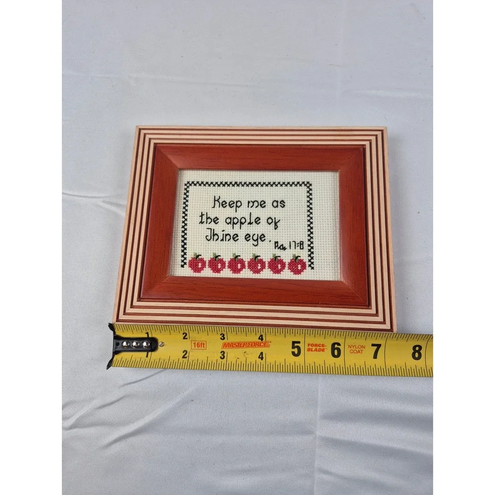 Vintage Framed Cross Stitch Bible‎ Verse Apple of Thine Eye Wood Decor